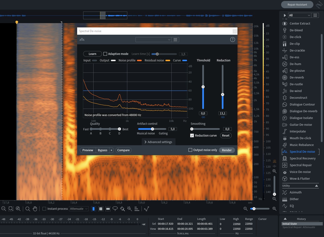 Removing Noise with Izotope RX Spectral De-noise