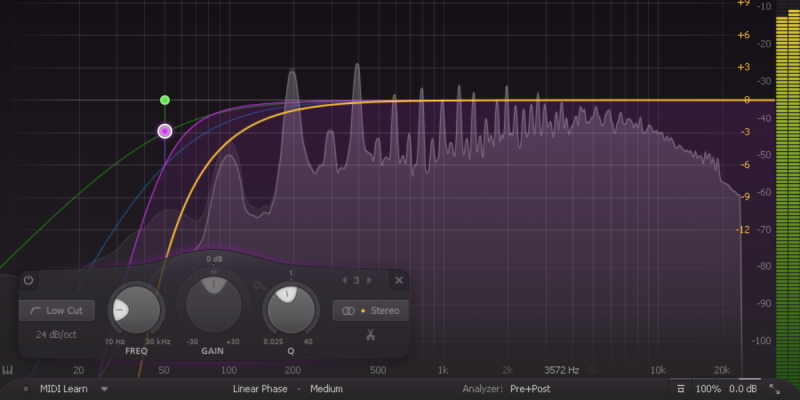 Fabfilter Pro Q3 with various filter slopes in Linear Phase mode